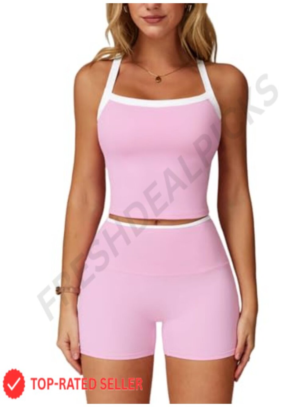 Women 2 Piece Workout Set Crop Tank Criss Cross Back Padded Built in Bra Shorts